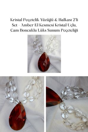 Kristal Peçetelik Yüzüğü 2’li Set Amber Kristal Uçlu Cam Boncuklu