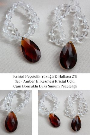 Kristal Peçetelik Yüzüğü 2’li Set Amber Kristal Uçlu Cam Boncuklu