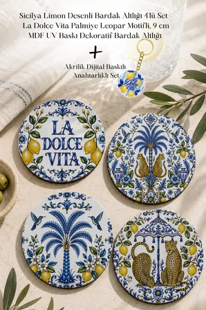 Sicilya Limon Desenli Bardak Altlığı 4lü Set La Dolce Vita 9 cm MDF UV Baskı