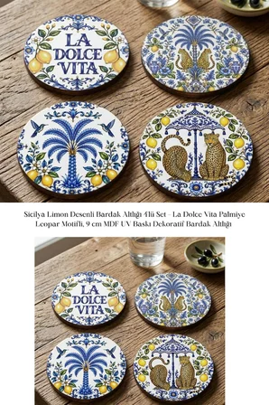 Sicilya Limon Desenli Bardak Altlığı 4lü Set La Dolce Vita 9 cm MDF UV Baskı