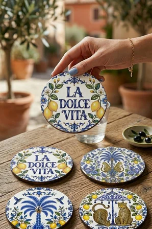Sicilya Limon Desenli Bardak Altlığı 4lü Set La Dolce Vita 9 cm MDF UV Baskı