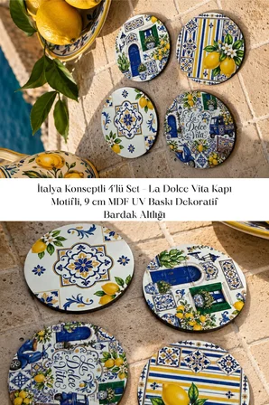 İtalya Konseptli 4’lü Set La Dolce Vita Kapı Motifli 9 cm MDF UV Baskı