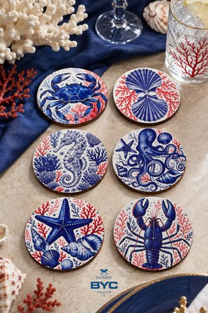 Marin Deniz Temalı Bardak Altlığı 6’lı Set Yengeç Ahtapot Denizatı 9 cm MDF
