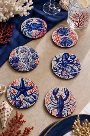 Marin Deniz Temalı Bardak Altlığı 6’lı Set Yengeç Ahtapot Denizatı 9 cm MDF