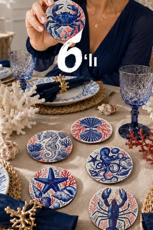 Marin Deniz Temalı Bardak Altlığı 6’lı Set Yengeç Ahtapot Denizatı 9 cm MDF