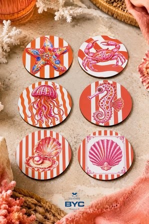 Deniz Temalı Bardak Altlığı 6’lı Set Denizanası Yengeç Denizatı 9 cm MDF