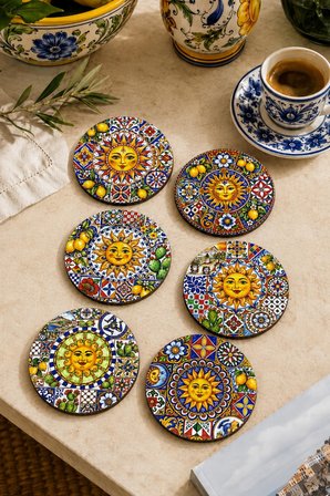 Sunshine Sicilya Temalı Bardak Altlığı 6’lı Set Güneş Figürlü Limon Desenli