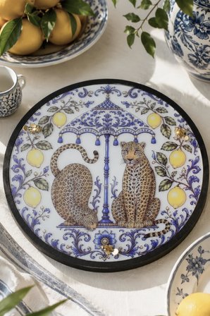 Leopar Desenli Dekoratif Sunum Tepsisi Sicilya Temalı Limon Desenli 34 cm