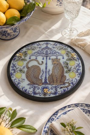 Leopar Desenli Dekoratif Sunum Tepsisi Sicilya Temalı Limon Desenli 34 cm
