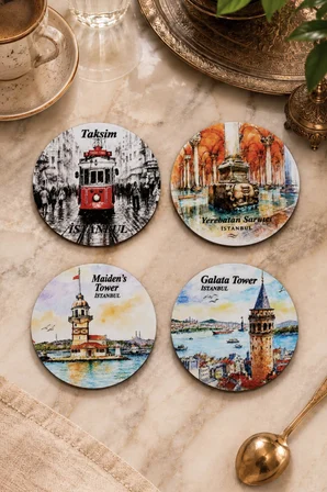İstanbul Temalı 4’lü Bardak Altlığı Seti 9 cm Yuvarlak MDF Dijital Baskı