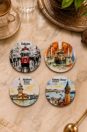 İstanbul Temalı 4’lü Bardak Altlığı Seti 9 cm Yuvarlak MDF Dijital Baskı