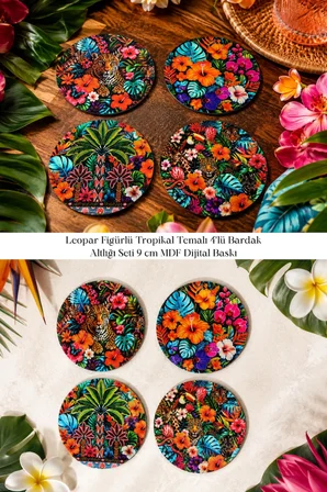 Leopar Figürlü Tropikal Temalı 4’lü Bardak Altlığı Seti 9 cm MDF Dijital Baskı