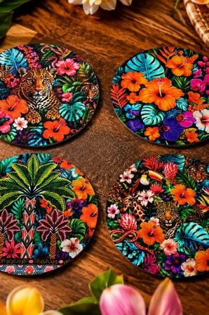 Leopar Figürlü Tropikal Temalı 4’lü Bardak Altlığı Seti 9 cm MDF Dijital Baskı