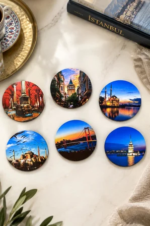 İstanbul Temalı 6’lı Bardak Altlığı Seti 9 cm Yuvarlak MDF Dijital Baskı 3 mm