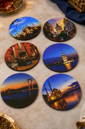 İstanbul Temalı 6’lı Bardak Altlığı Seti 9 cm Yuvarlak MDF Dijital Baskı 3 mm