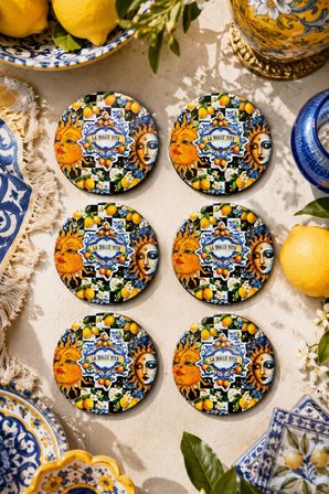Sicilya Temalı Güneş Ay Figürlü Bardak Altlığı 6’lı Set