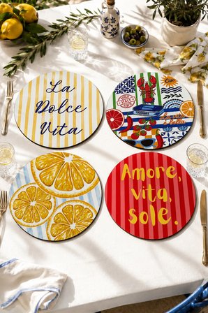 La Dolce Vita Supla 4'lü Supla Set – Sicilya Temalı - 30 cm, 3 mm MDF, UV Baskı, Masa Sunumu