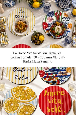 La Dolce Vita Supla 4'lü Supla Set – Sicilya Temalı - 30 cm, 3 mm MDF, UV Baskı, Masa Sunumu