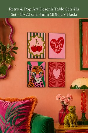 Retro & Pop Art Desenli Tablo Seti 4'lü Set – 15x20 cm, 3 mm MDF, UV Baskı