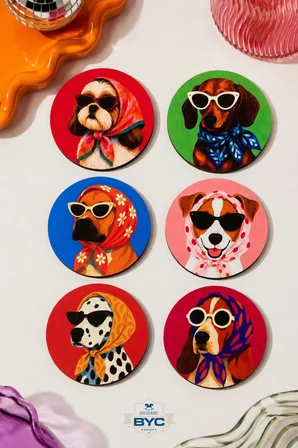 Köpek Desenli Bardak Altlığı 6’lı Set – Pop Art Tasarım, 9 cm MDF, UV Dijital Baskı
