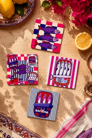 Sardalya Desenli Bardak Altlığı 4’lü Set – 9 cm, 3 mm MDF Ahşap, Yüksek Kalite Dijital Baskı