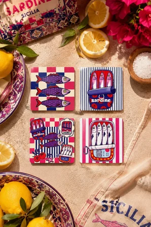 Sardalya Desenli Bardak Altlığı 4’lü Set – 9 cm, 3 mm MDF Ahşap, Yüksek Kalite Dijital Baskı