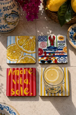 Kare La Dolce Vita Bardak Altlığı 4'lü Set – Sicilya Temalı - 9 cm, 3 mm MDF, UV Baskı, Dekoratif Bardak Altlık
