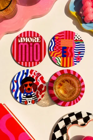 Amore Mio 4’lü Bardak Altlığı Seti 9 cm , 3 mm Mdf Ahşap, UV Dijital Baskı