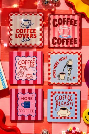 Coffee Time 6’lı Kare Bardak Altlığı Seti, 9 cm MDF, 3 mm, UV Dijital Baskı