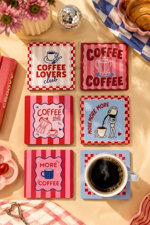 Coffee Time 6’lı Kare Bardak Altlığı Seti, 9 cm MDF, 3 mm, UV Dijital Baskı