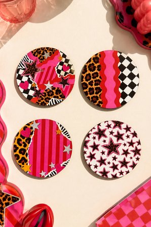 Y2K Retro Pop Art 4’lü Bardak Altlığı Seti– Pembe, Yıldız ve Leopar Desenli - 9 cm, 3 mm MDF, UV Baskı