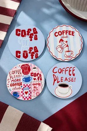 Coffee Please 4’lü Bardak Altlığı Seti - 9 cm, 3 mm MDF, UV Baskı