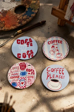 Coffee Please 4’lü Bardak Altlığı Seti - 9 cm, 3 mm MDF, UV Baskı