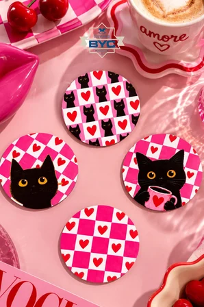 Pembe Kedi & Kalp Desenli 4’lü Bardak Altlığı Seti - 9 cm, 3 mm MDF, UV Baskı