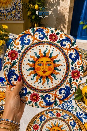 Sole Mio Güneş Desenli 4'lü Supla Set – Akdeniz & Sicilya Temalı – 30 cm, 3 mm MDF, UV Baskı, Masa Sunumu