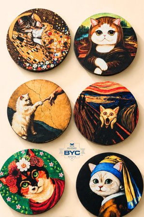 Sanat Eseri Kedi Tasarımlı 6’lı Bardak Altlığı Seti – 9 cm, 3 mm MDF, UV Dijital Baskı