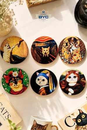 Sanat Eseri Kedi Tasarımlı 6’lı Bardak Altlığı Seti – 9 cm, 3 mm MDF, UV Dijital Baskı