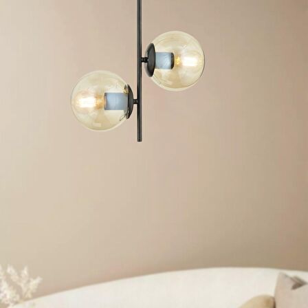 Malibu 2 Li Siyah Bal Camlı Modern Genç Odası Mutfak Yatak Odası Retro Salon Avize 