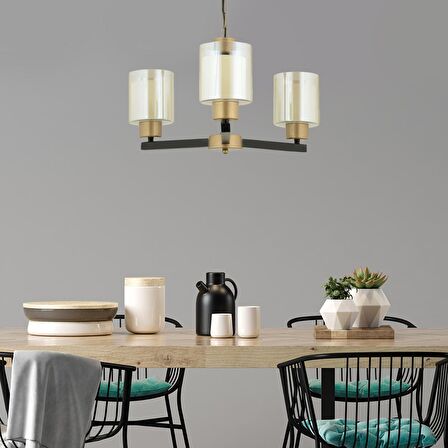 Jade 3 Lü Avize Eskitme Siyah Boyalı Çift Camlı Modern Genç Odası Yatak Odası Retro Salon Avize 