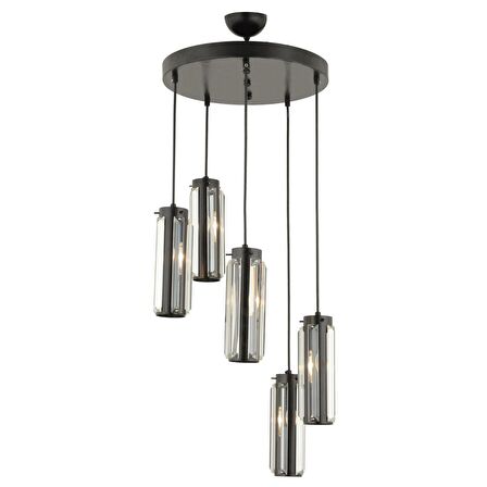 Natali 5 Li Yuvarlak Siyah Modern Kristalli, Taşlı Modern Tasarım Kristal Salon Sarkıt Avize