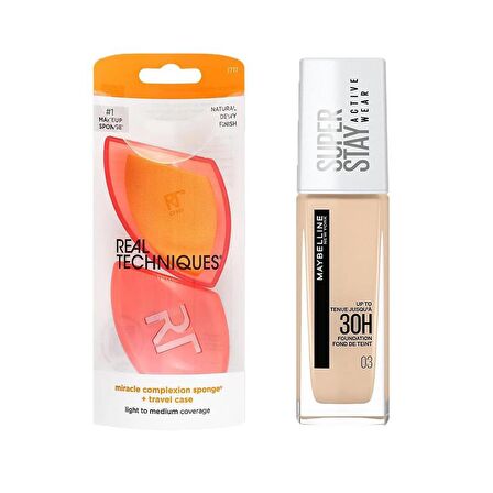 Real Techniques RT-1711 Mucize Makyaj Süngeri ve Maybelline Superstay Active Wear Fondöten 03 True Ivory 2li Set