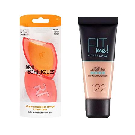 Real Techniques RT-1711 Mucize Makyaj Süngeri ve Maybelline New York Mat Fondöten Fit Me Matte Poreless Foundation No: 122 2li Set