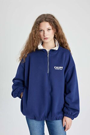 DeFacto Oversize Geniş Kalıp Yarım Fermuarlı Nakışlı Kalın Sweatshirt C4581AX24SMNV42