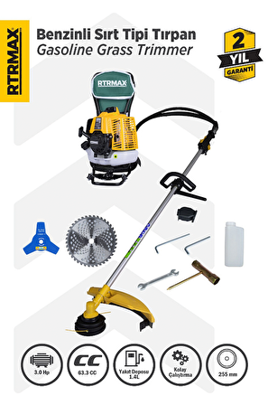 RTM9640 Benzinli Sırt Tipi Tırpan 63Cc 3.0Hp (Tırpan Bıçağı,Misina Başlığı,Tırpan Testeresi Hediye)