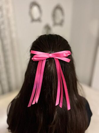 Pembe Saten Kurdele Üçlü Fiyonk Üç Kuyruklu Otomatik Kadın Toka