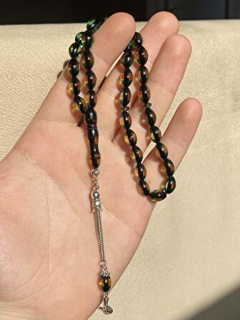 Çift Renkli  Yeşil Sarı Sürmeli Kehribar Tesbih Metal Püsküllü Misbah Misbaha Rosary Zikr