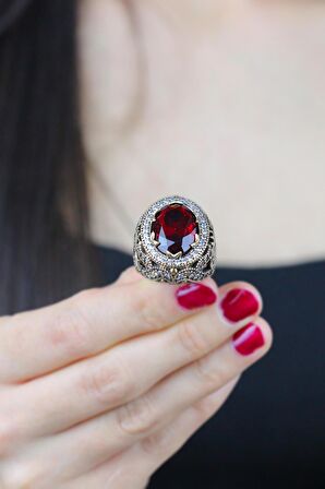 Sultani Serisi Kırmızı Lal Taşlı Renkli Taş Seçenekli Otantik 925 Ayar Gümüş Kadın Kadın Yüzük