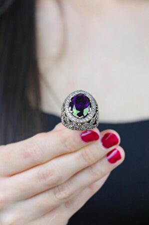Sultani Serisi Mor Ametist Taşlı Renkli Taş Seçenekli Otantik 925 Ayar Gümüş Kadın Kadın Yüzük