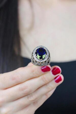 Sultani Serisi Mavi Safir Taşlı Renkli Taş Seçenekli Otantik 925 Ayar Gümüş Kadın Yüzük 