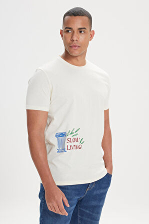 Standart Fit Normal Kesim %100 Pamuk Baskılı Bisiklet Yaka Tişört